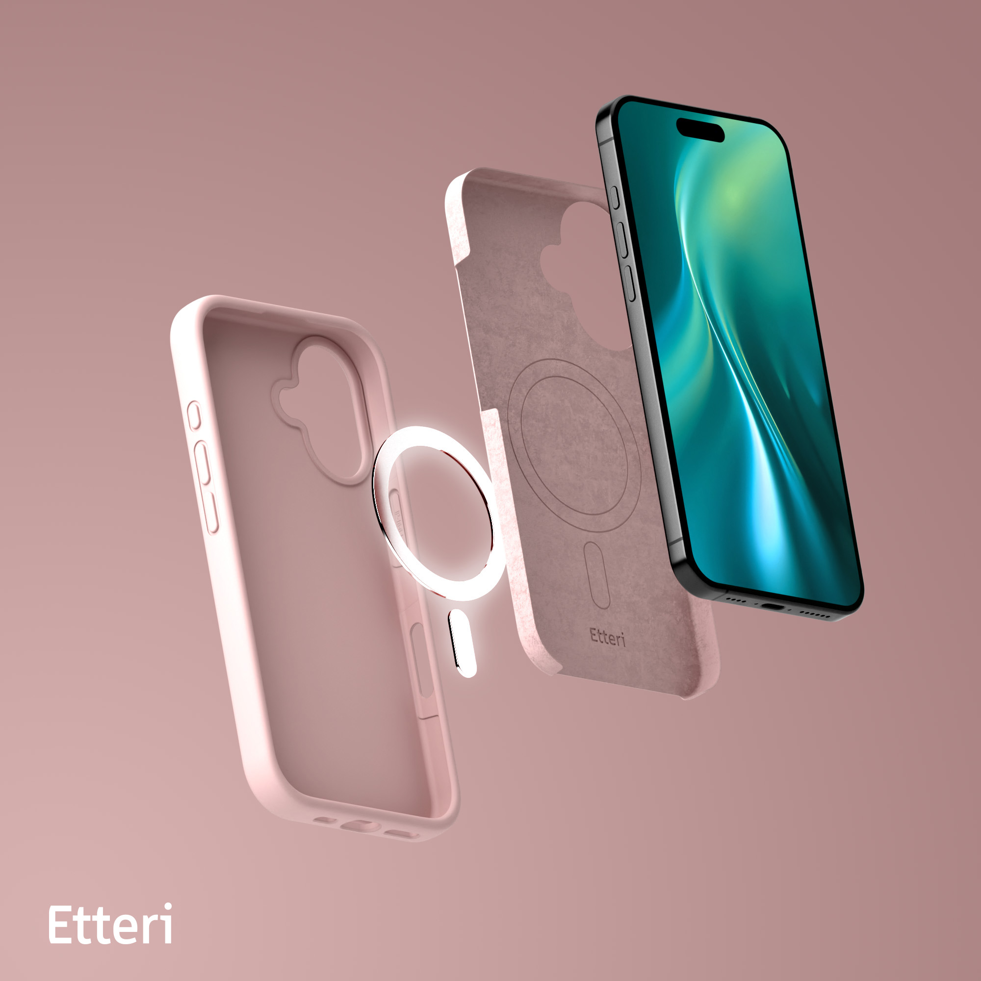 Telefono e custodia, che mostrano lo schermo e il design della cover. Sfondo rosa con anello magnetico.