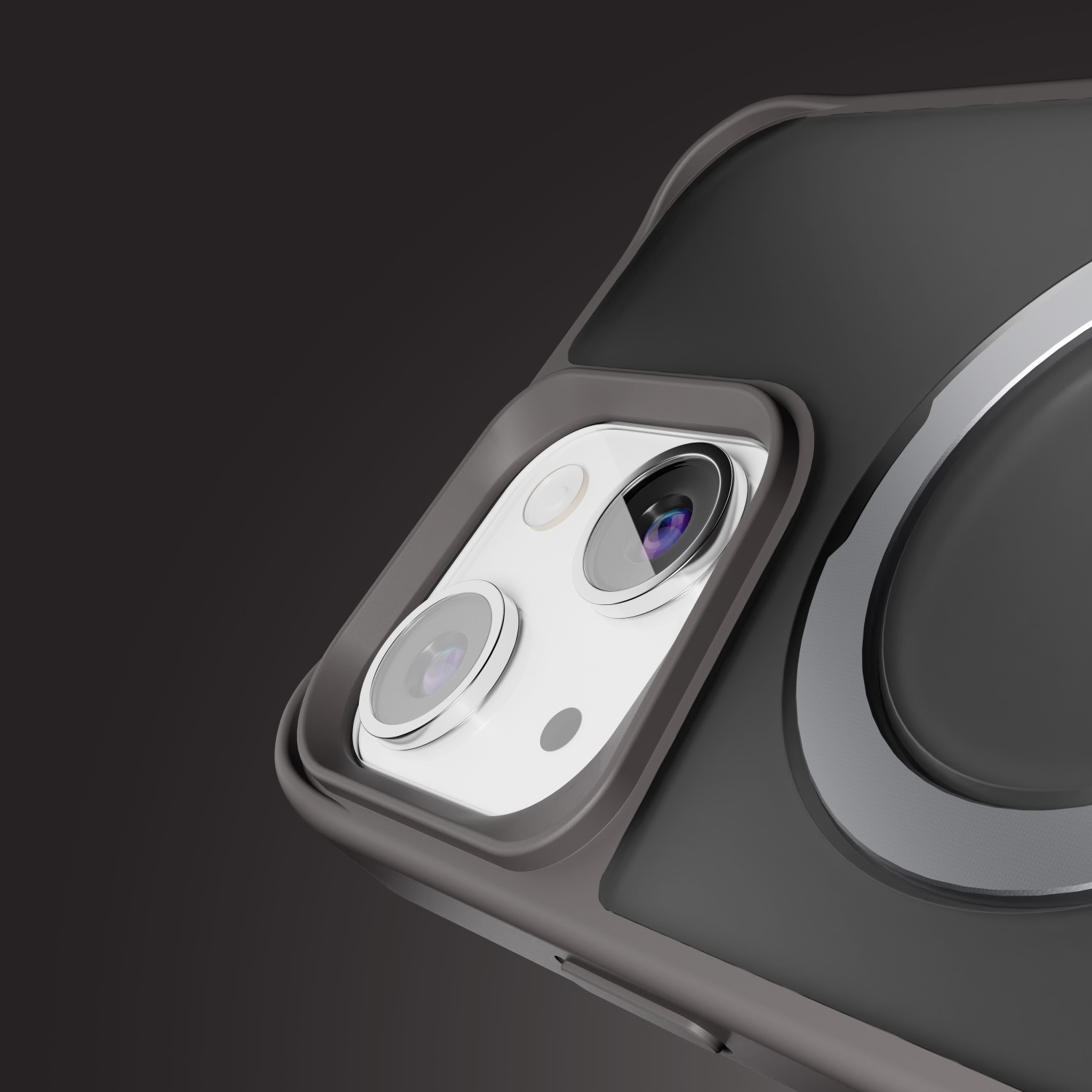 Primo piano di una custodia per telefono che mostra la fotocamera, con un design grigio e argento.