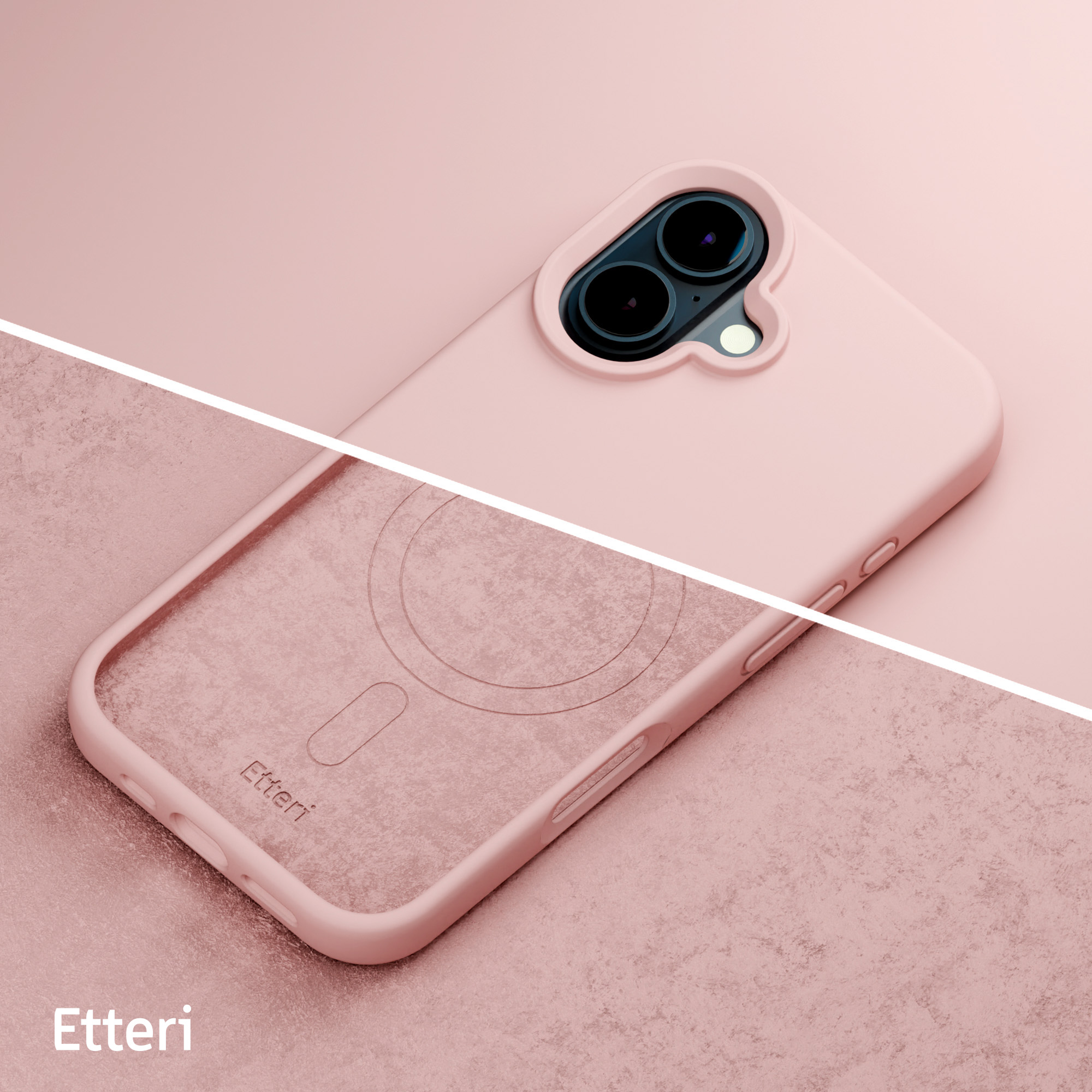 Custodia rosa per telefono con cerchio MagSafe visibile e marchio 'Etteri' su sfondo rosa.