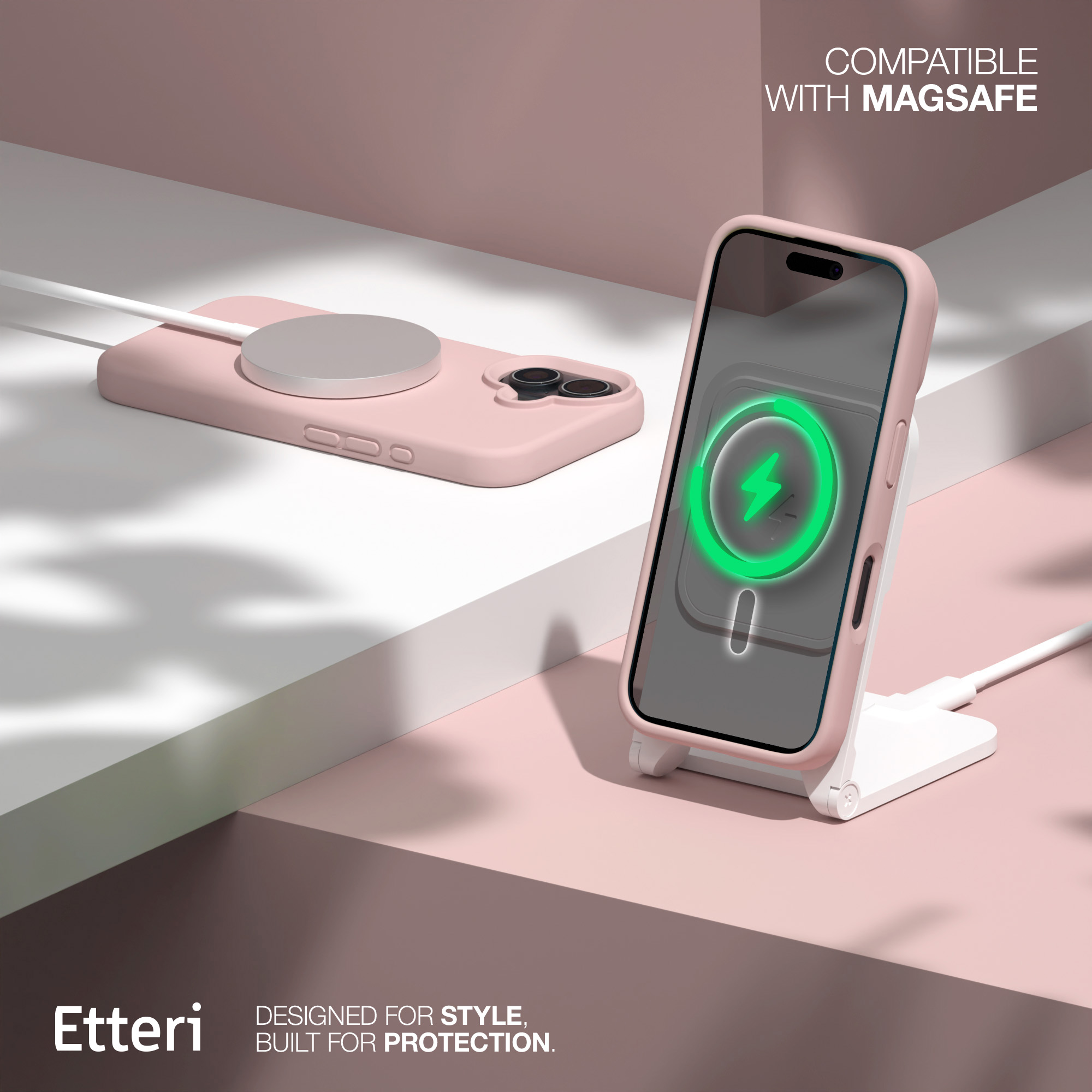 Custodia rosa per telefono con caricatore MagSafe. Cavo bianco. Testo: Compatibile.