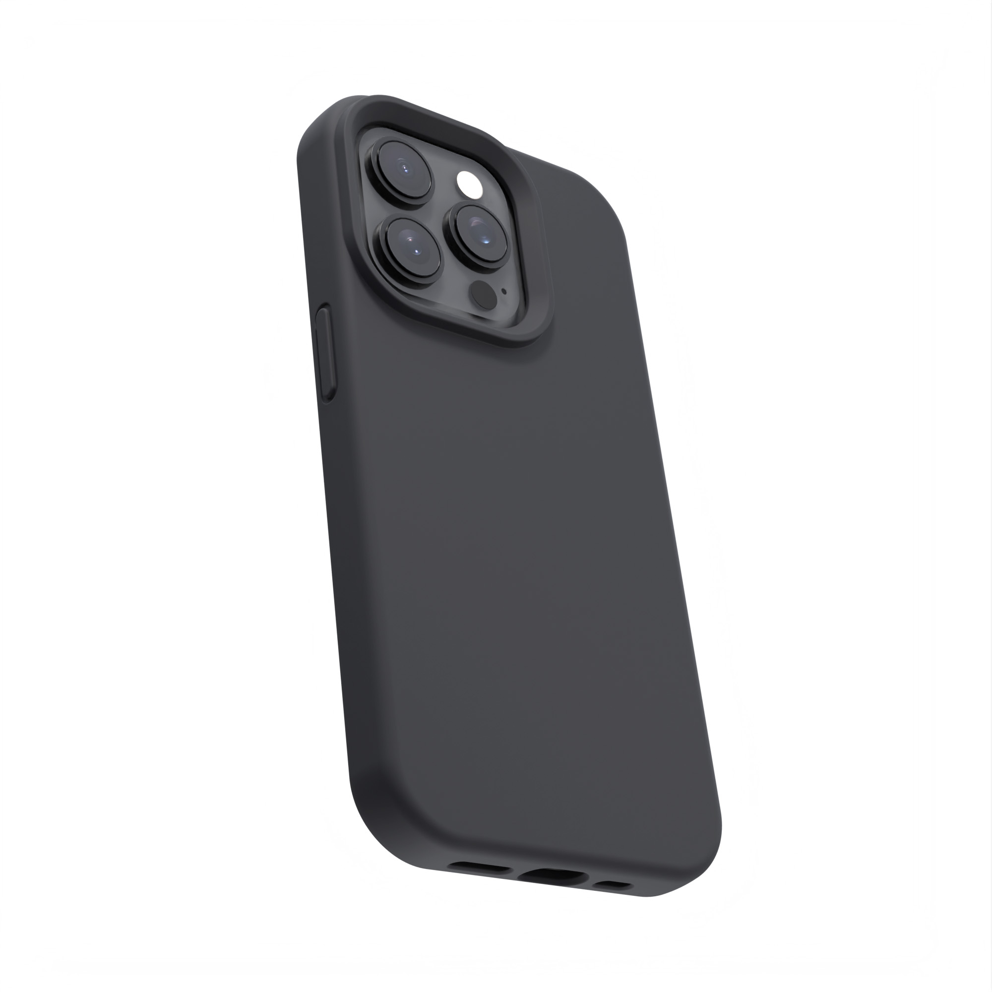 Czarne etui na telefon. Ma wypukłość na aparat i boczne przyciski. Białe tło.
