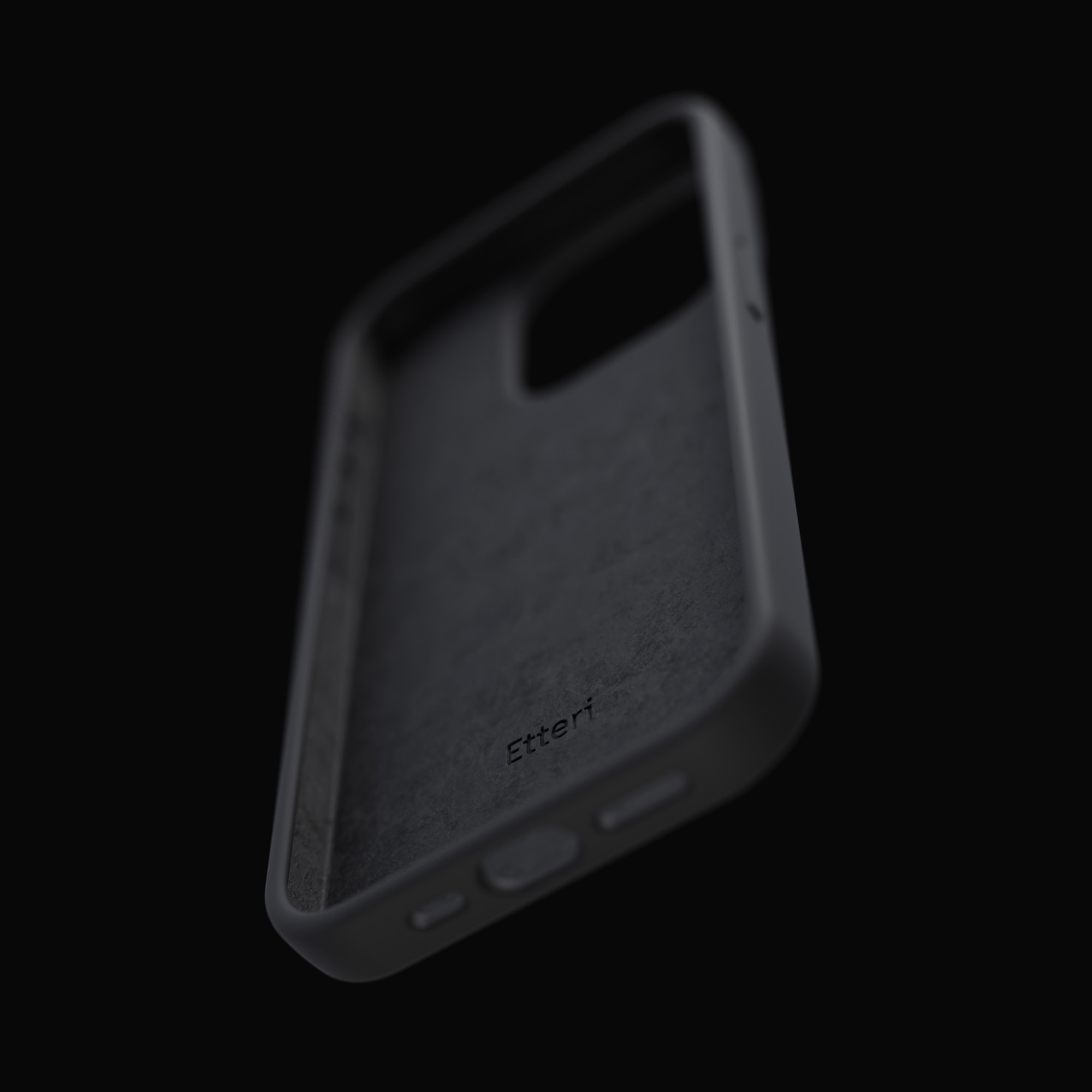 Czarne etui na telefon z napisem „Etteri” w środku. To ujęcie z bliska.
