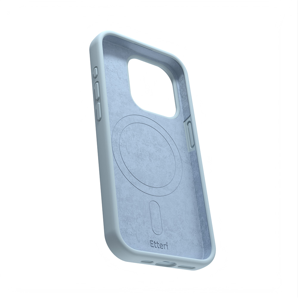Niebieskie wnętrze etui na telefon z wycięciem na aparat i okręgiem MagSafe, z logo 'Etteri'.