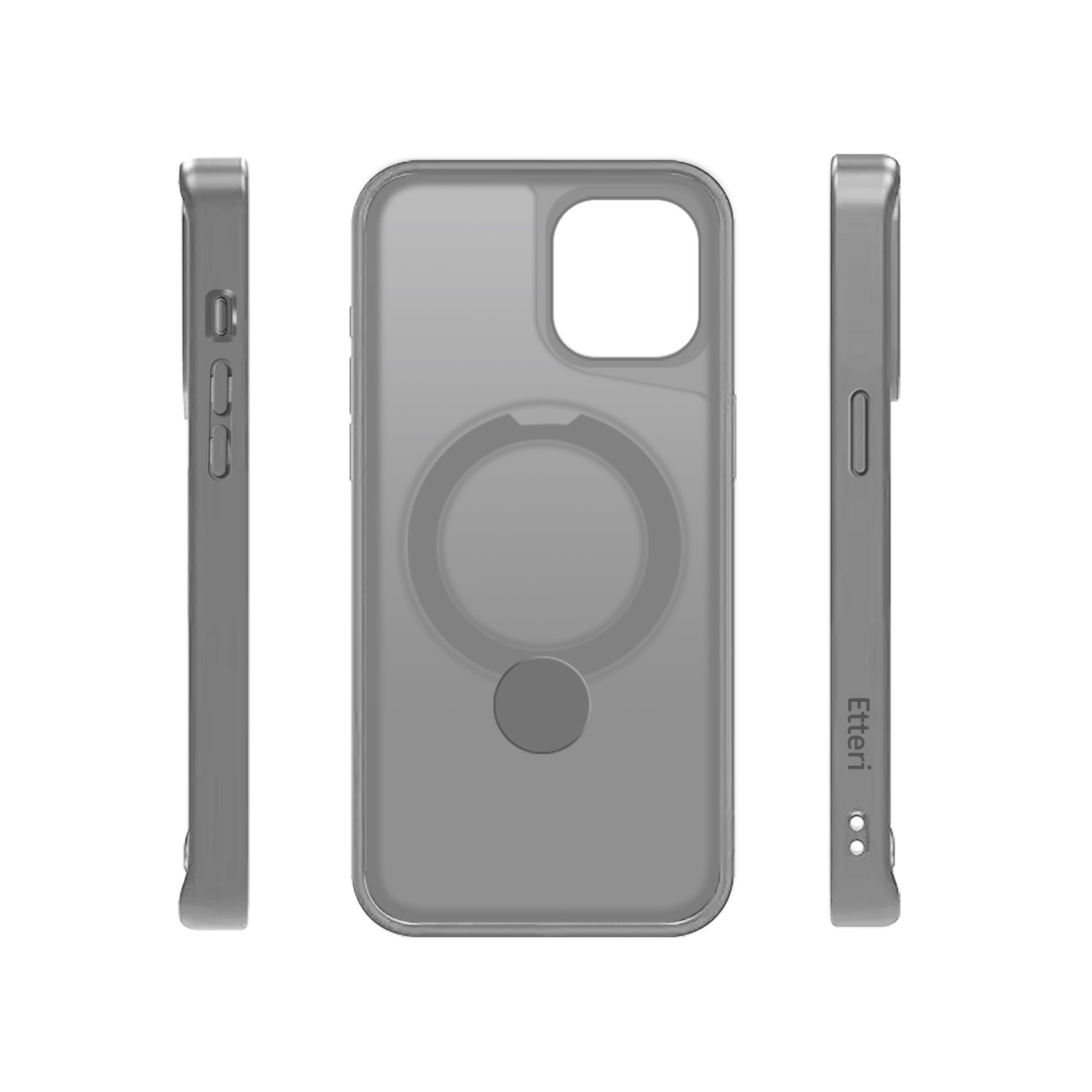 Tre viste di una custodia per telefono trasparente, grigia, con un anello magnetico circolare.