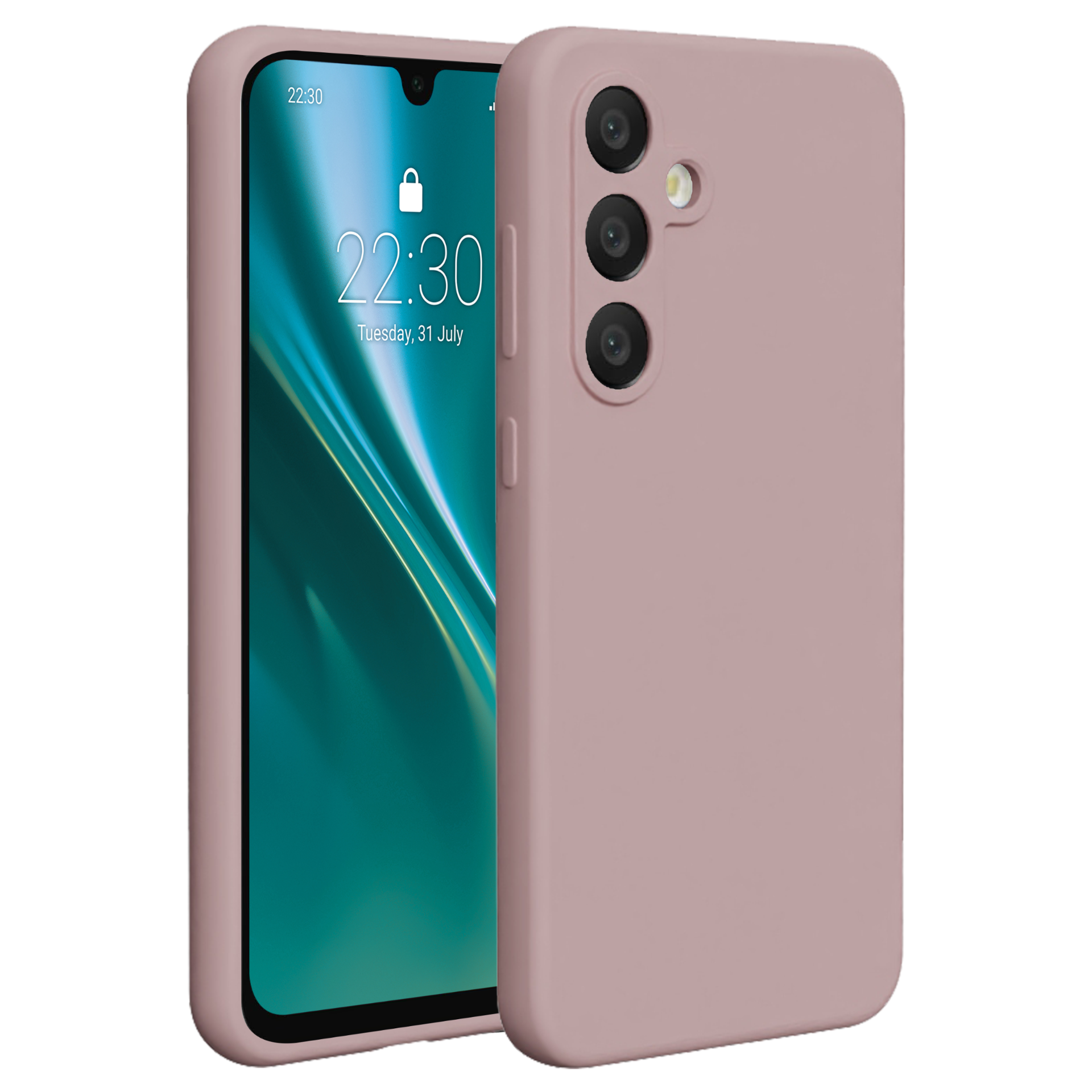Różowy telefon z etui po prawej stronie. Etui ma trzy kamery.