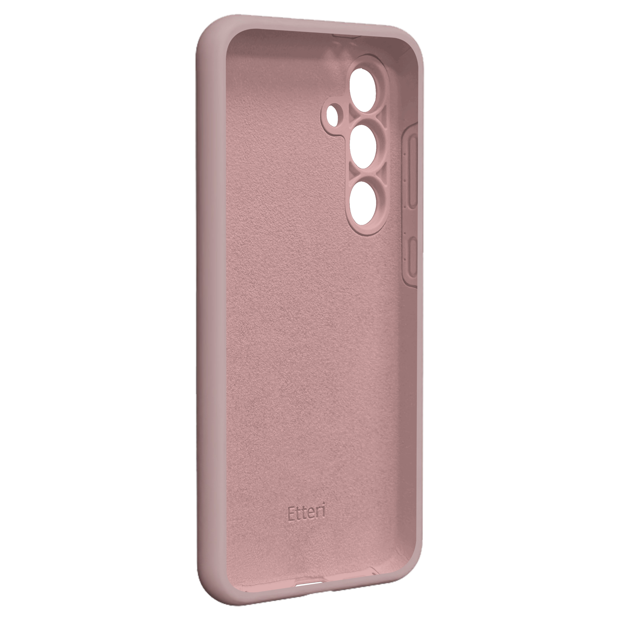 Wnętrze różowego etui na telefon, pokazujące gładką, teksturowaną powierzchnię i nazwę marki Etteri.