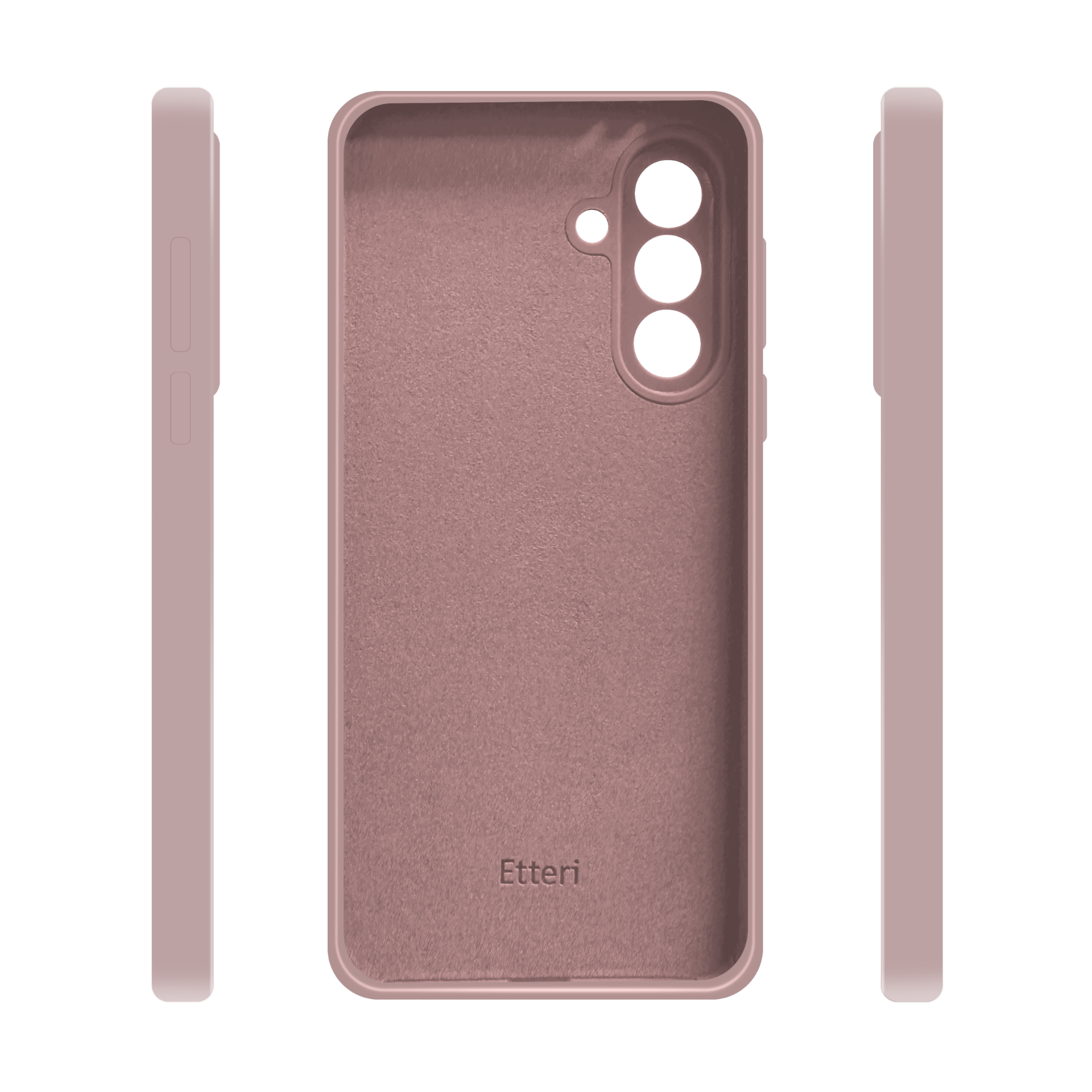 Trzy strony różowego etui na telefon, pokazujące jego wewnętrzny i zewnętrzny design.