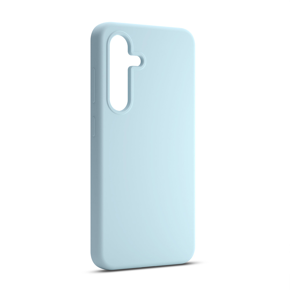Custodia per telefono azzurra. Ha un foro per la fotocamera.
