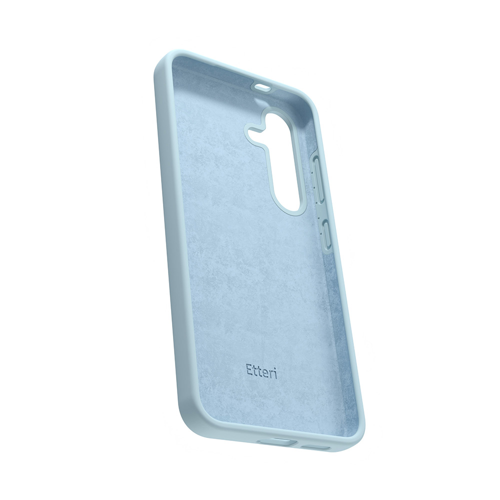 Interno della custodia del telefono azzurro. La parola 'Etteri' in basso.