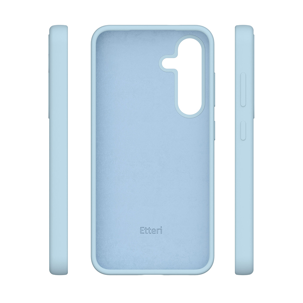 Custodia per telefono azzurra con tre lati visibili. Marchio 'Etteri' visibile all'interno.