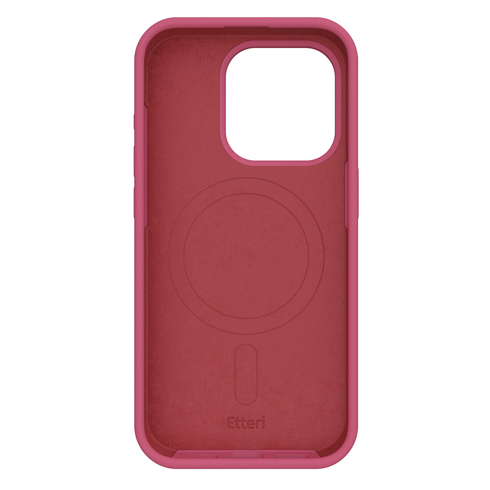 Una custodia per telefono rosa con un ritaglio per la fotocamera e un design MagSafe circolare, su sfondo bianco.