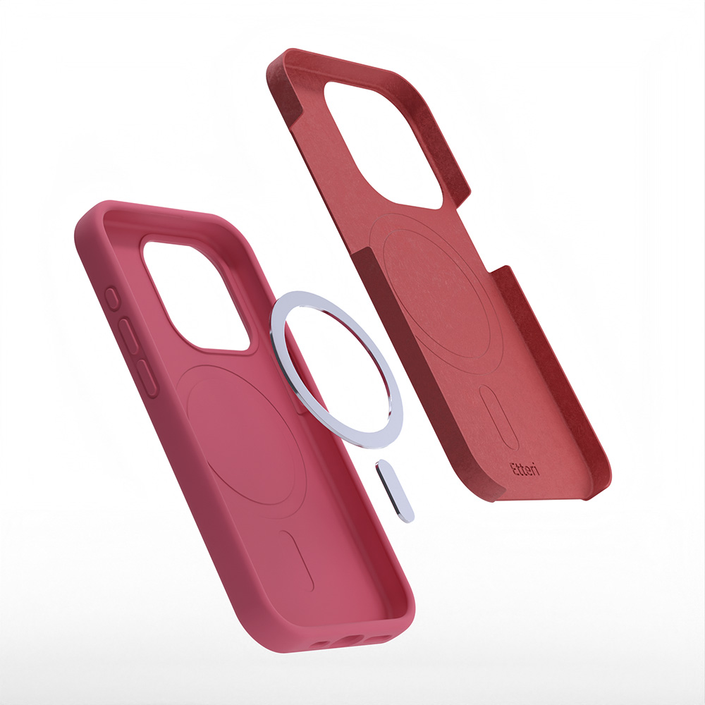 Una custodia per telefono rosa con una parte superiore separata e un anello argentato con un cerchio rosa all'interno, fluttuante in aria.