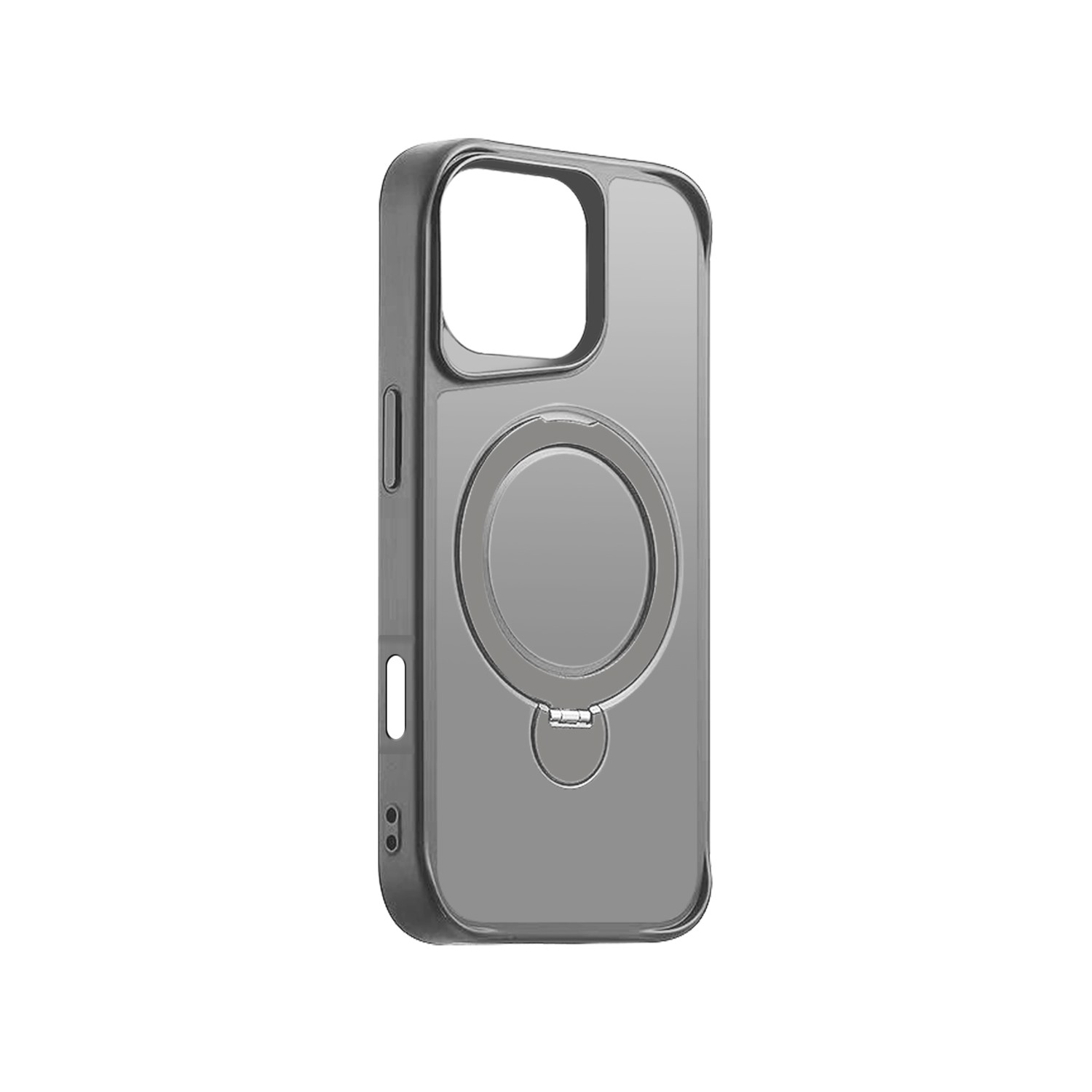Szare etui na telefon z okrągłym detalem na plecach i otwartą sekcją na aparat.