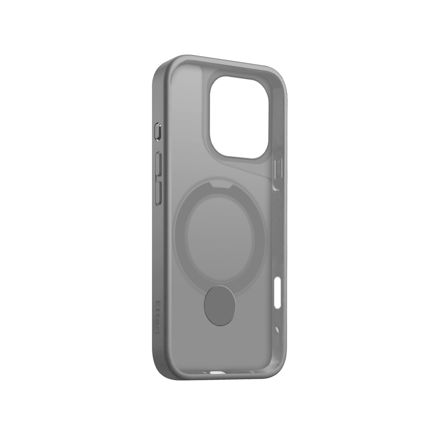 Szare etui na telefon z przezroczystym tyłem i uchwytem na pierścień.