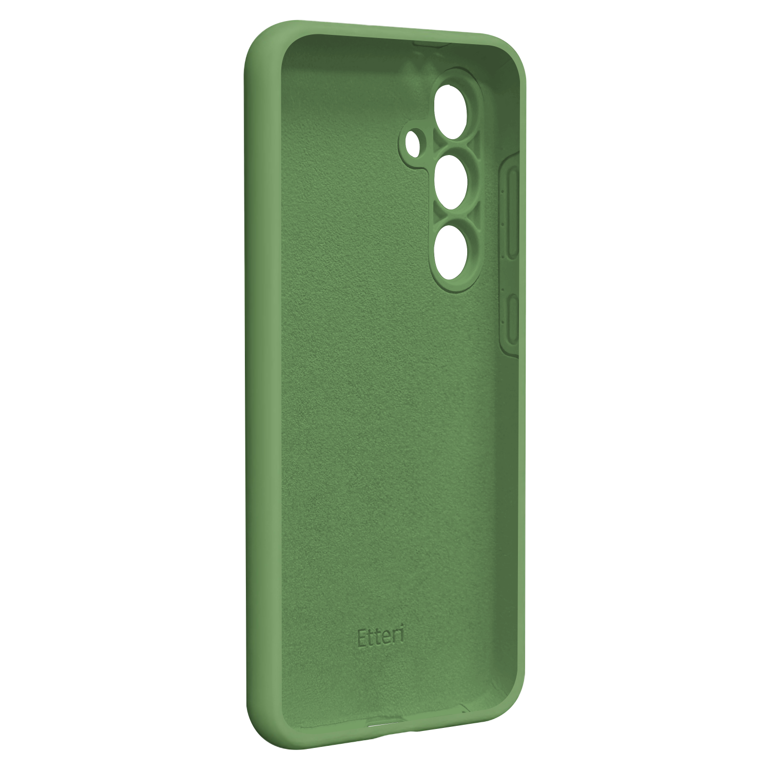 Interno di custodia per telefono verde con tre fori per fotocamera e marchio, che offre protezione.