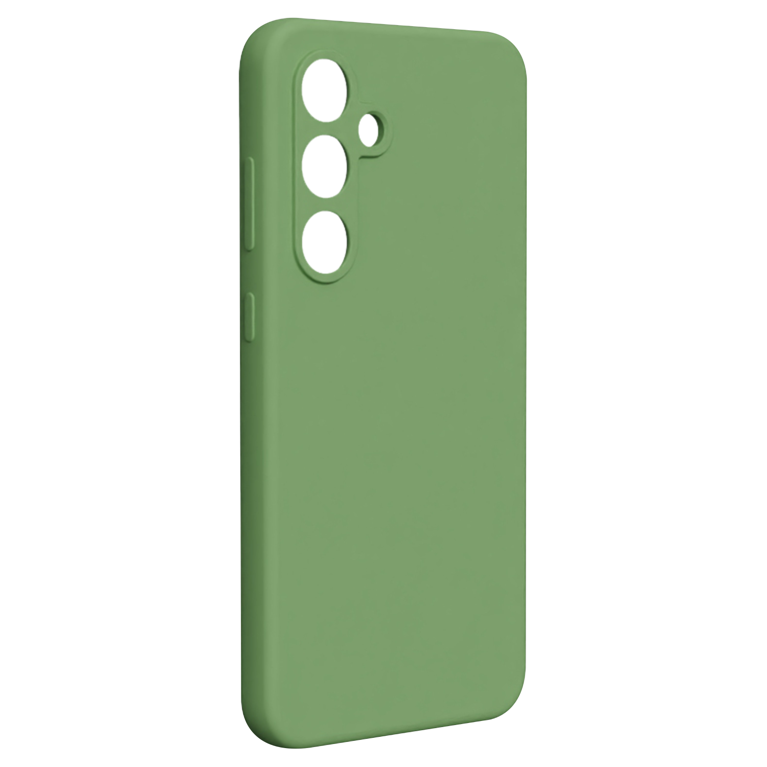 Una custodia verde per telefono con tre fori per fotocamera e un foro per il pulsante laterale.