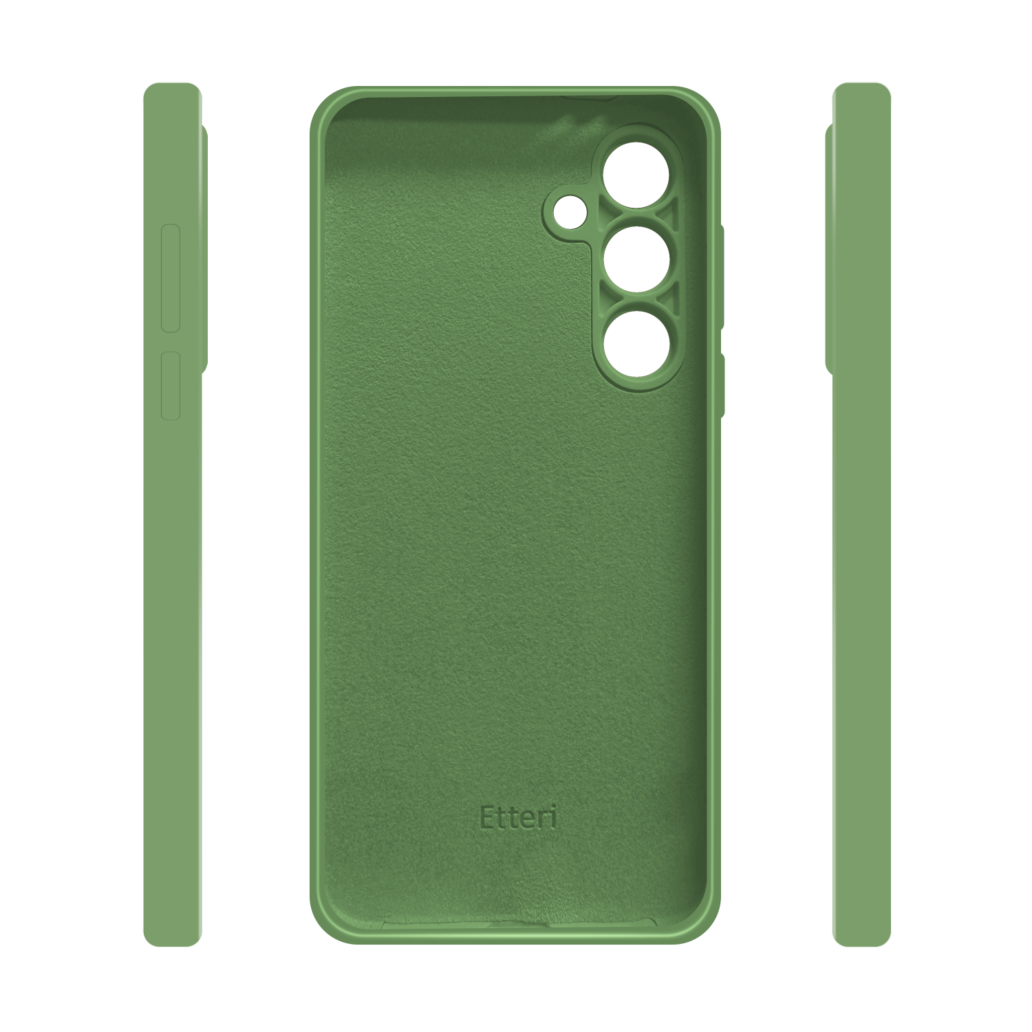 Custodia per telefono verde. Ha ritagli per la fotocamera, pulsanti e il nome del marchio all'interno.