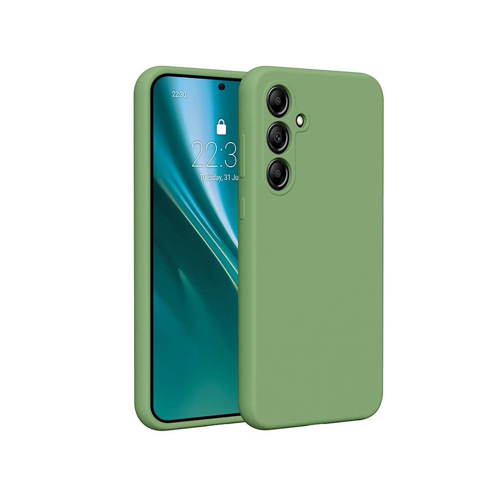 Zielony telefon z etui. Ekran pokazuje ikony aplikacji i godzinę. Telefon po lewej, etui po prawej.