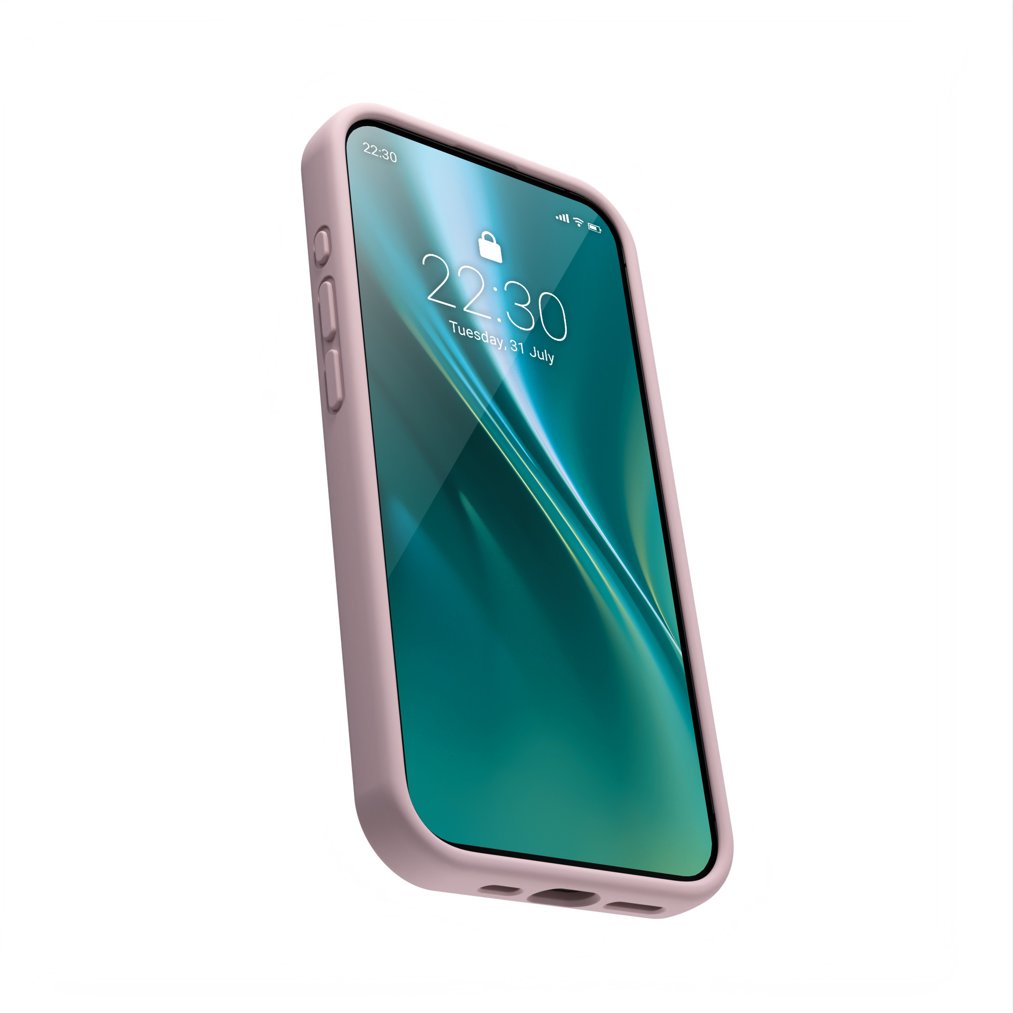 Ein rosa Telefon in einem Gehäuse zeigt die Uhrzeit 22:30 auf weißem Hintergrund.