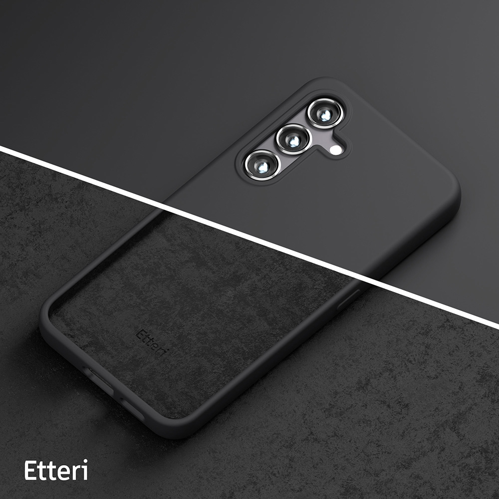 Czarne etui na telefon z czarnym wnętrzem, z nazwą marki 'Etteri' na dole.