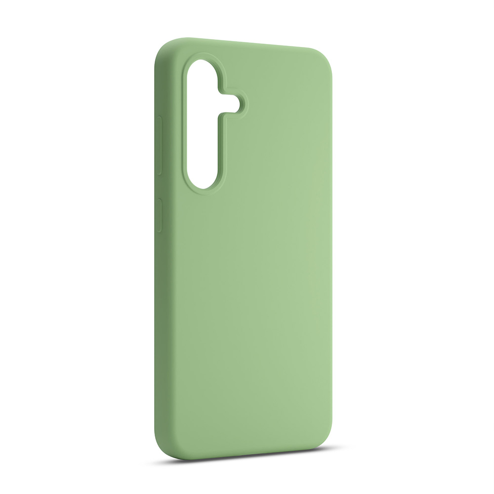 Jasnozielone etui na telefon. Ma wycięcie na aparat i wycięcia na przyciski. Etui jest jednolite.