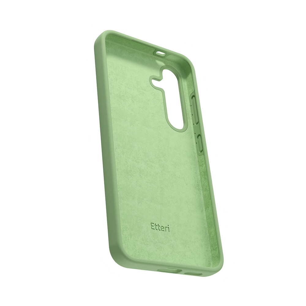 Wnętrze zielonego etui na telefon, pokazujące środek etui.
