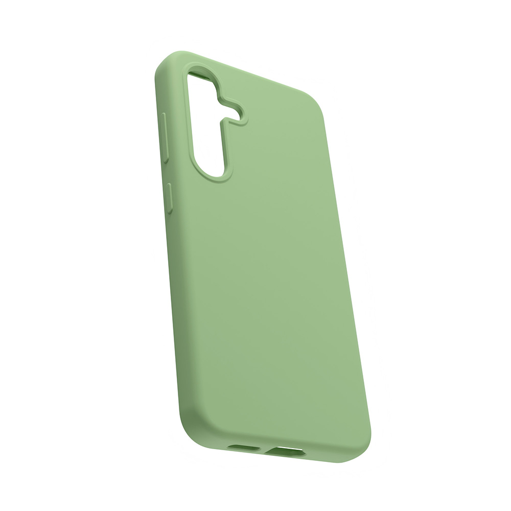 Zielone etui na telefon. Etui jest jednolitego koloru. Tło jest białe.