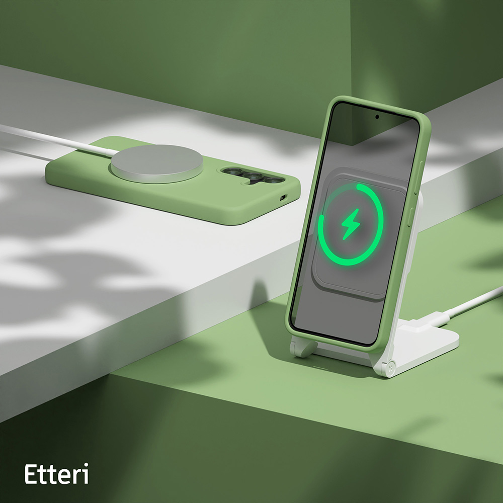 Zielone etui i ładowarka do telefonu. Telefon pokazuje zielony symbol ładowania. Zielone tło.
