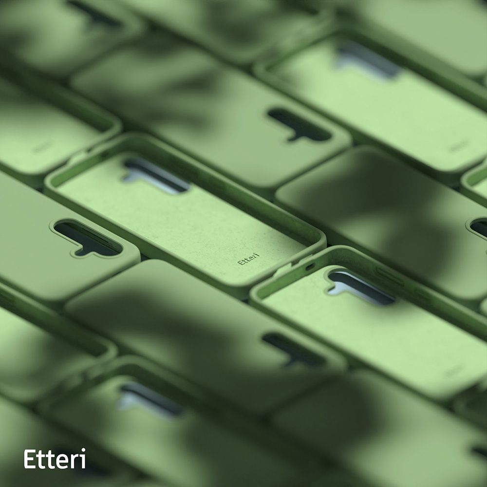 Zbliżenie wielu zielonych etui na telefony, logo Etteri widoczne na niektórych.