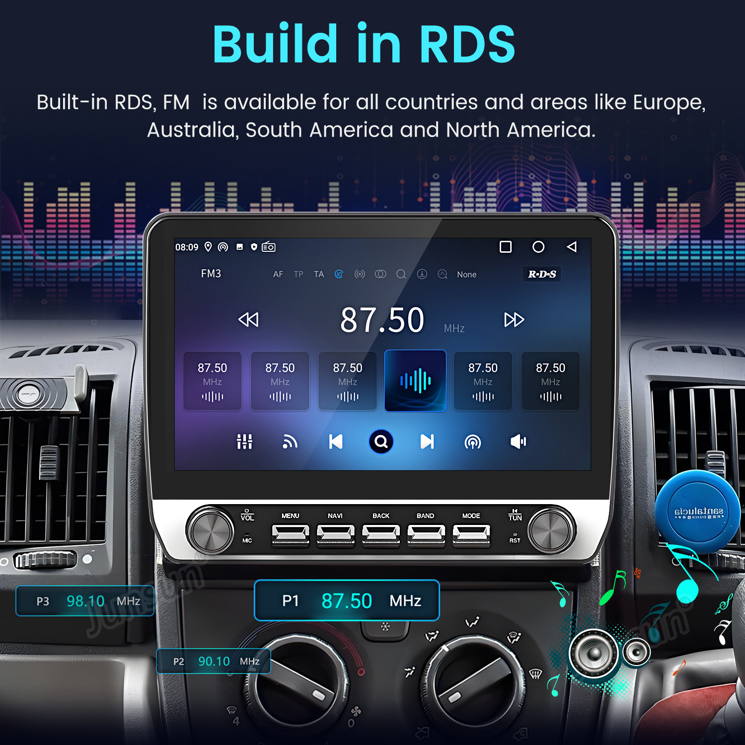 Autoradio-Bildschirm mit Radiofrequenzen. Text zeigt RDS-Verfügbarkeit in verschiedenen Regionen an.