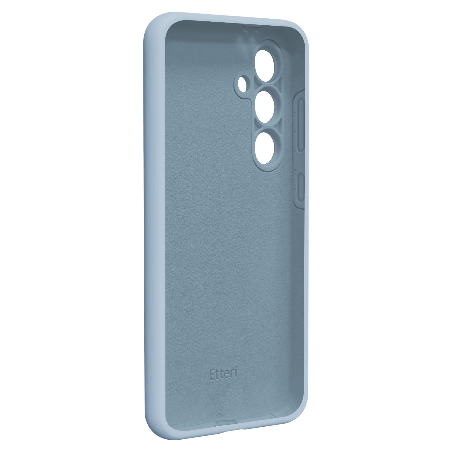 Una custodia blu per telefono. È una cover posteriore. La custodia ha una superficie liscia e un ritaglio per la fotocamera.