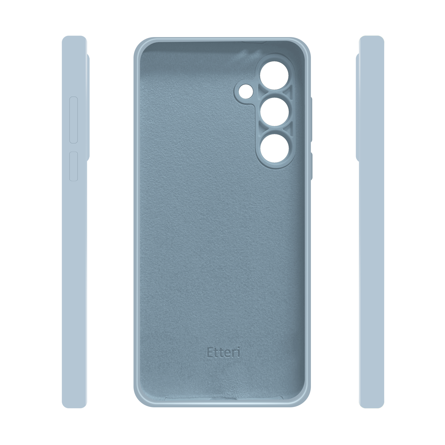 Vista tridimensionale di una custodia blu per telefono, che mostra i lati e il retro, isolata su bianco.