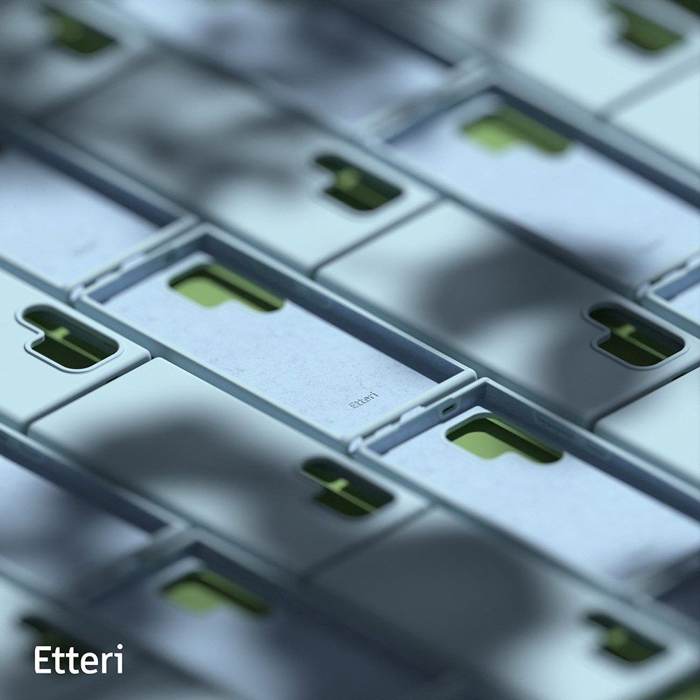 Wiele jasnoniebieskich etui na telefony, prezentujących wnętrze z teksturowaną powierzchnią i marką Etteri.