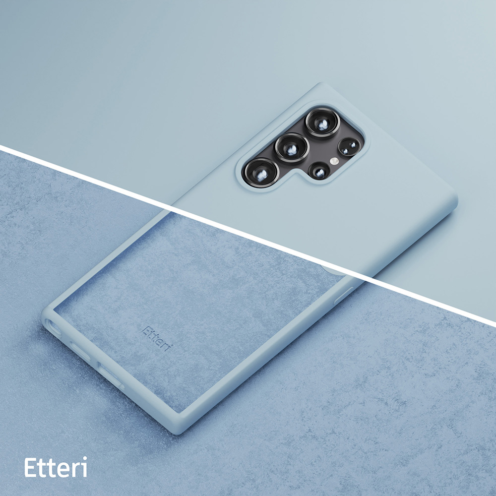 Jasnoniebieskie etui na telefon z jasnoniebieskim wnętrzem. Widoczne logo Etteri.