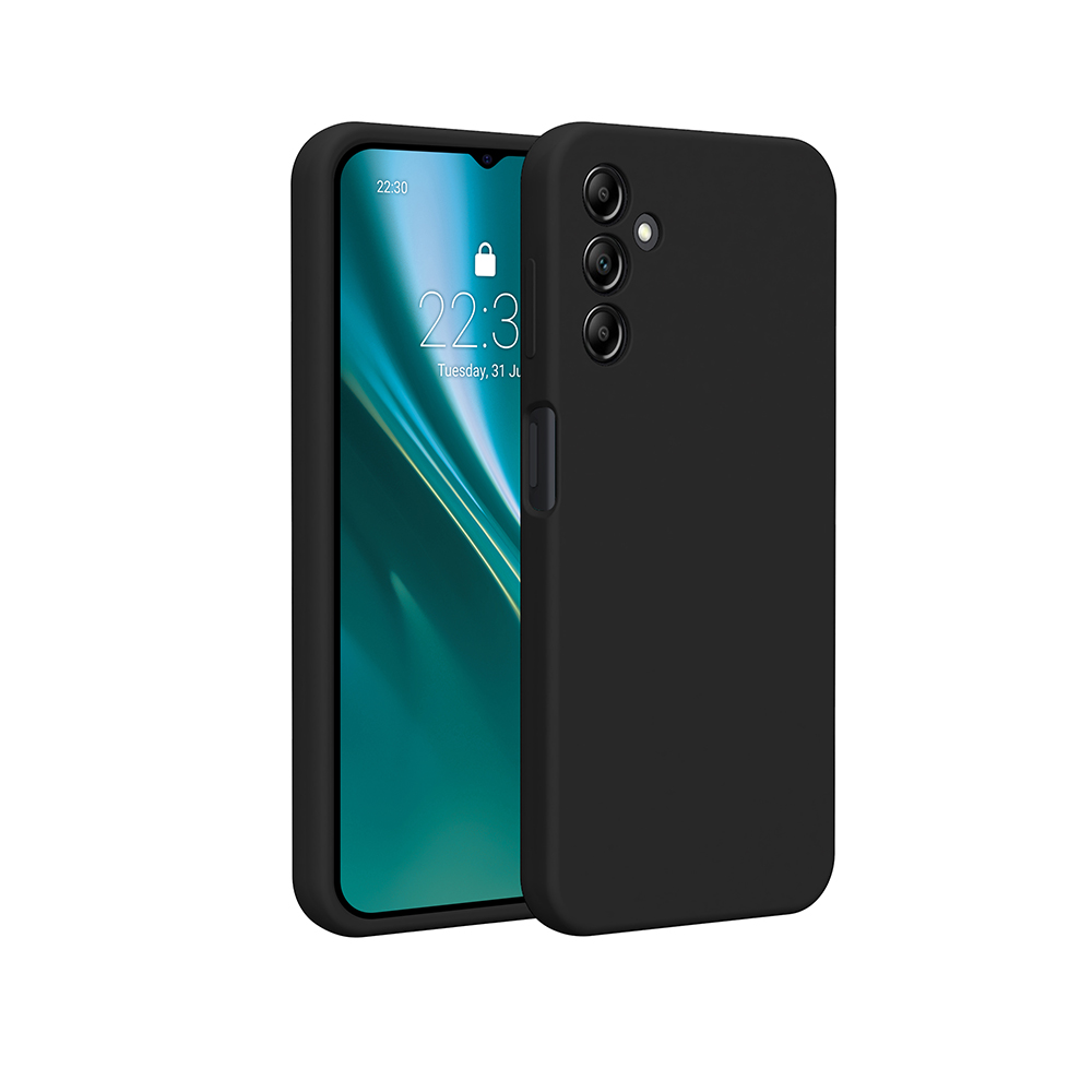 Schwarzes Telefon mit schwarzer Hülle, zeigt den Bildschirm vorne.