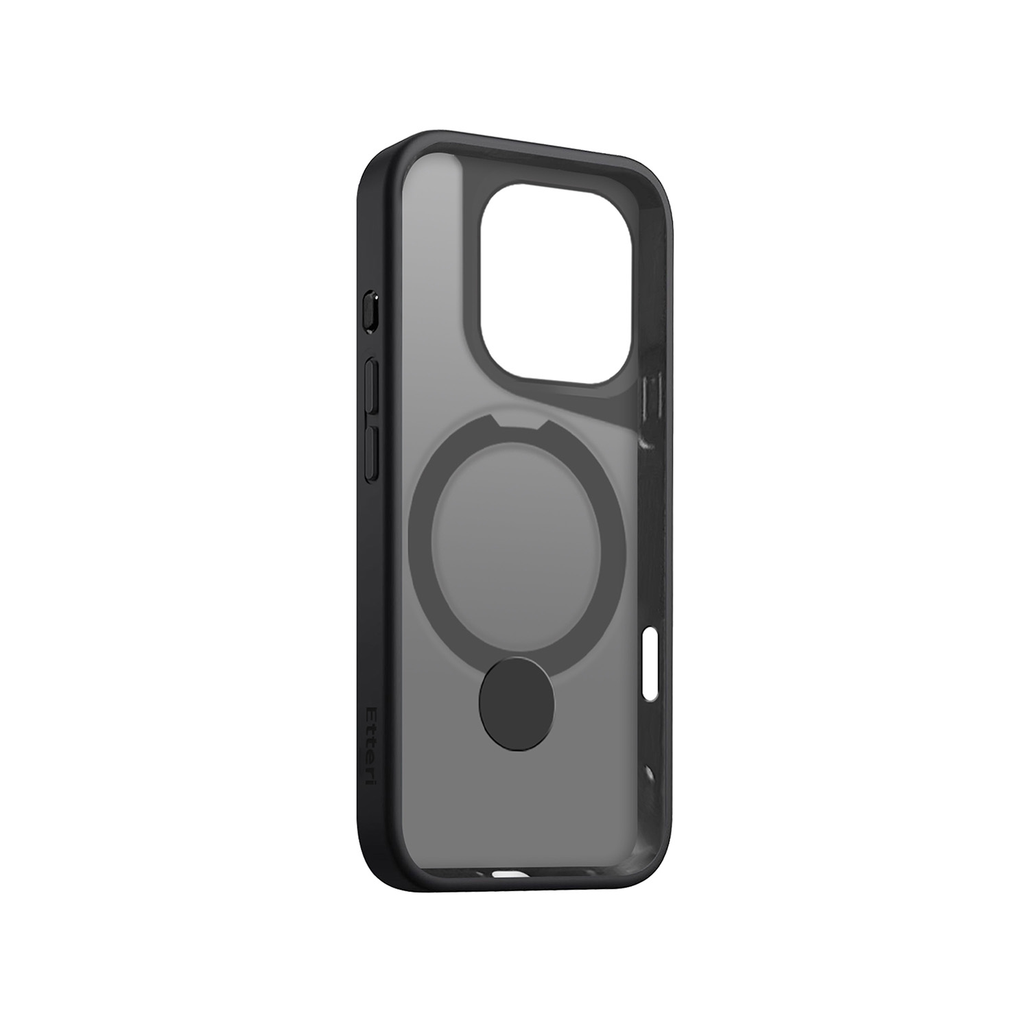Czarne etui na telefon z przezroczystym tyłem i czarnym pierścieniem, przeznaczone do telefonu komórkowego.