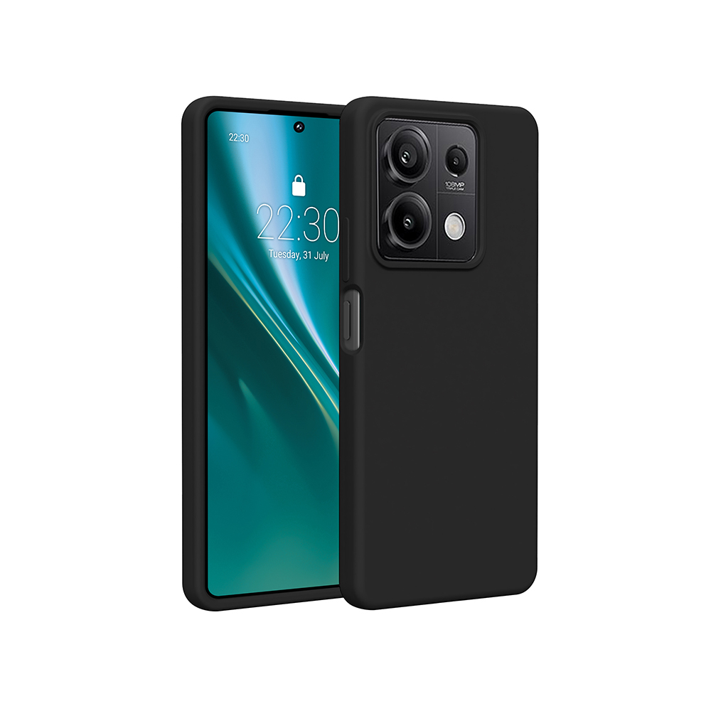 Telefono nero con due fotocamere, custodia nera a destra, schermo mostra ora e data.
