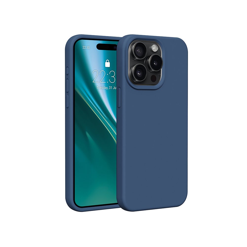 Niebieskie etui na czarnym telefonie. Etui zakrywa tył i boki telefonu.