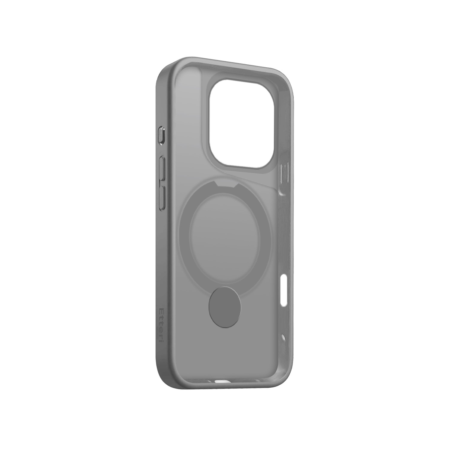 Una custodia per telefono grigia con un ritaglio per fotocamera aperto, su una superficie grigia.