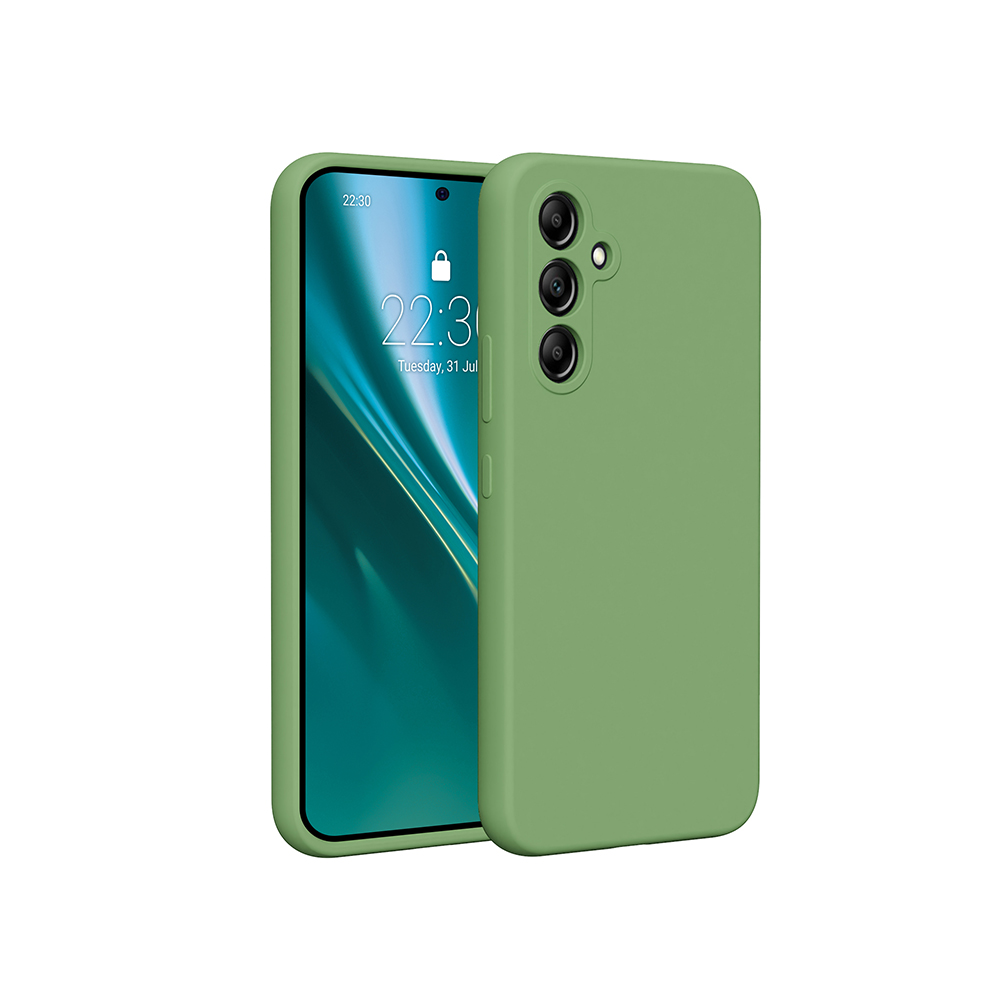Zielony telefon z zielonym etui, pokazujący ekran z godziną i datą.