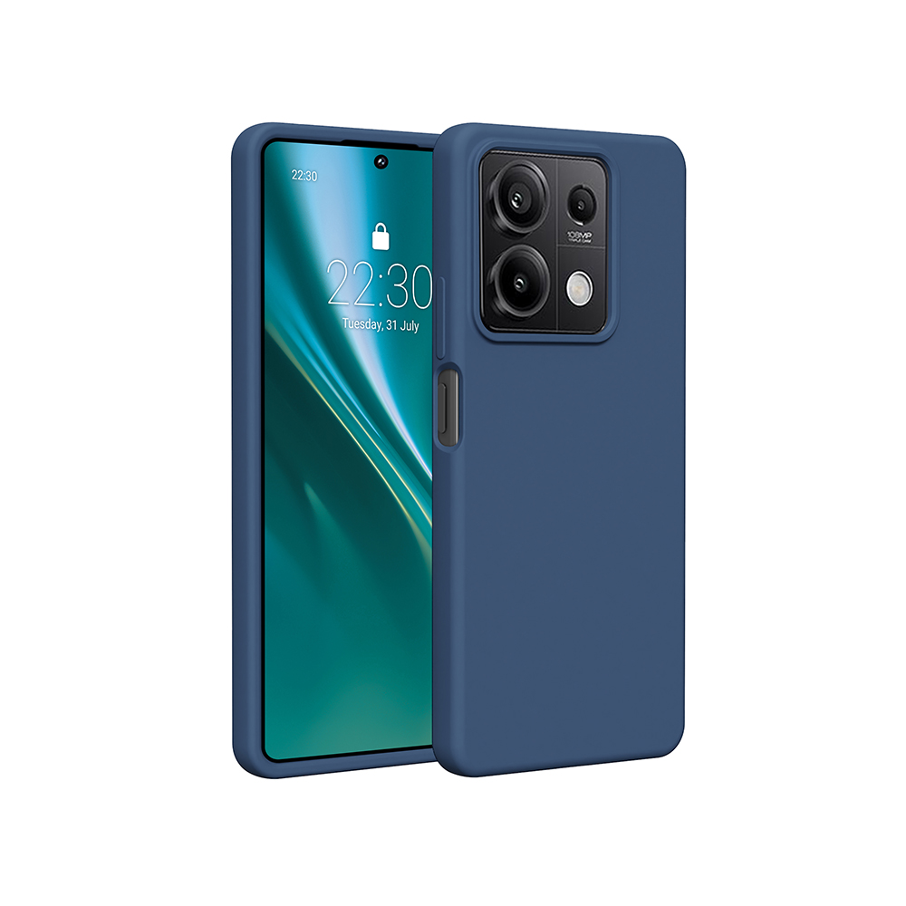 Custodia blu per telefono con telefono. Il telefono mostra l'ora '22:30' e la data 'Martedì 31 luglio'. Fotocamera nera.