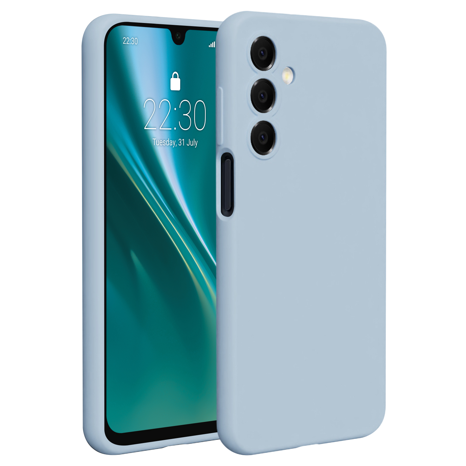 Jasnoniebieski telefon z ekranem pokazującym godzinę i etui. Trzy tylne kamery, czarny przycisk boczny i etui.