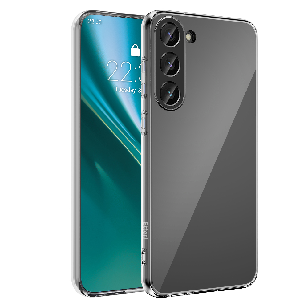 Uno smartphone con una custodia trasparente, che mostra il retro del telefono.