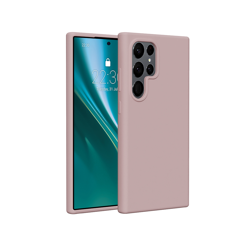 Un telefono rosa con schermo che mostra le 22:30, e una custodia abbinata su sfondo bianco.