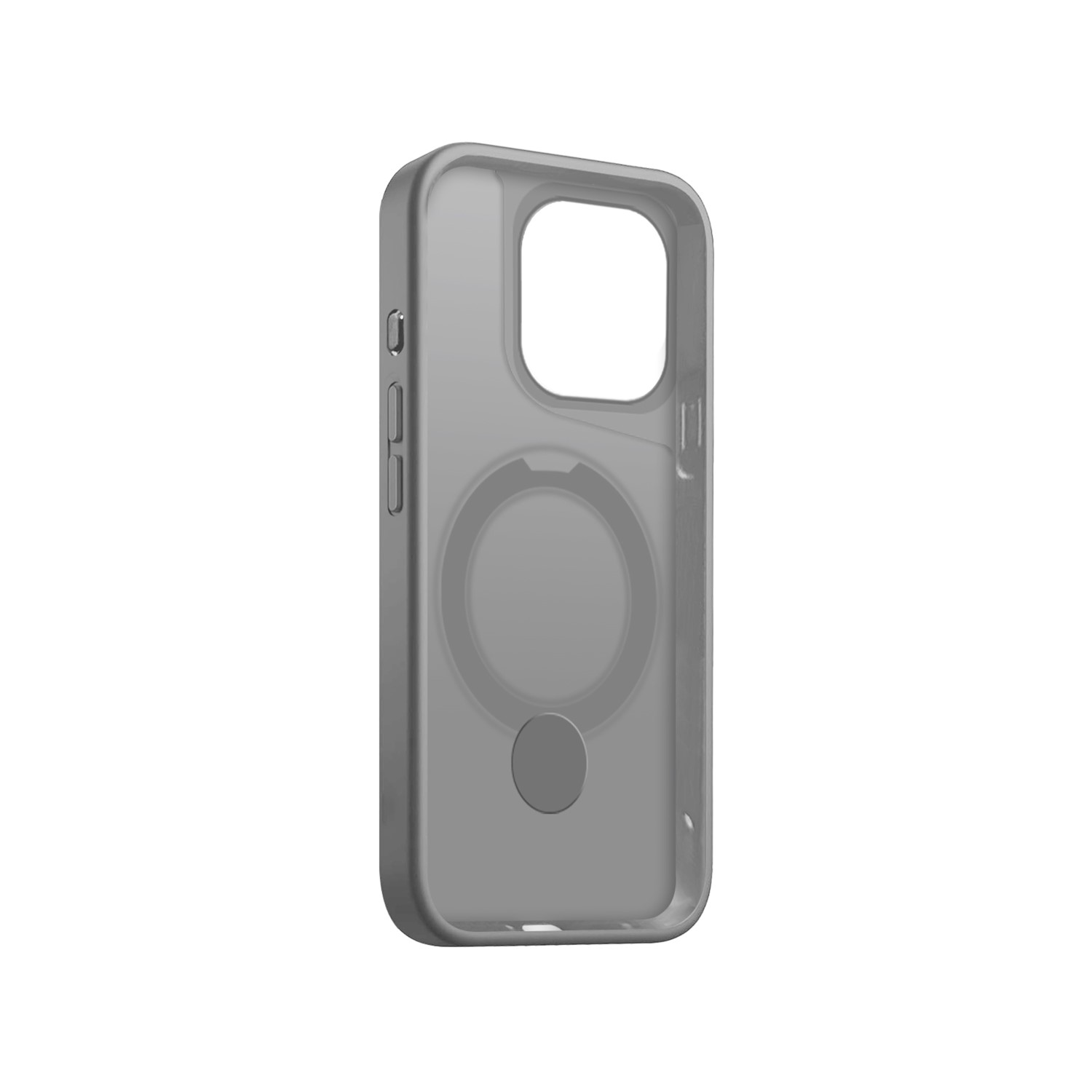 Szare etui na iPhone'a pokazujące okrągły magnes, boczne przyciski i wycięcie na aparat.