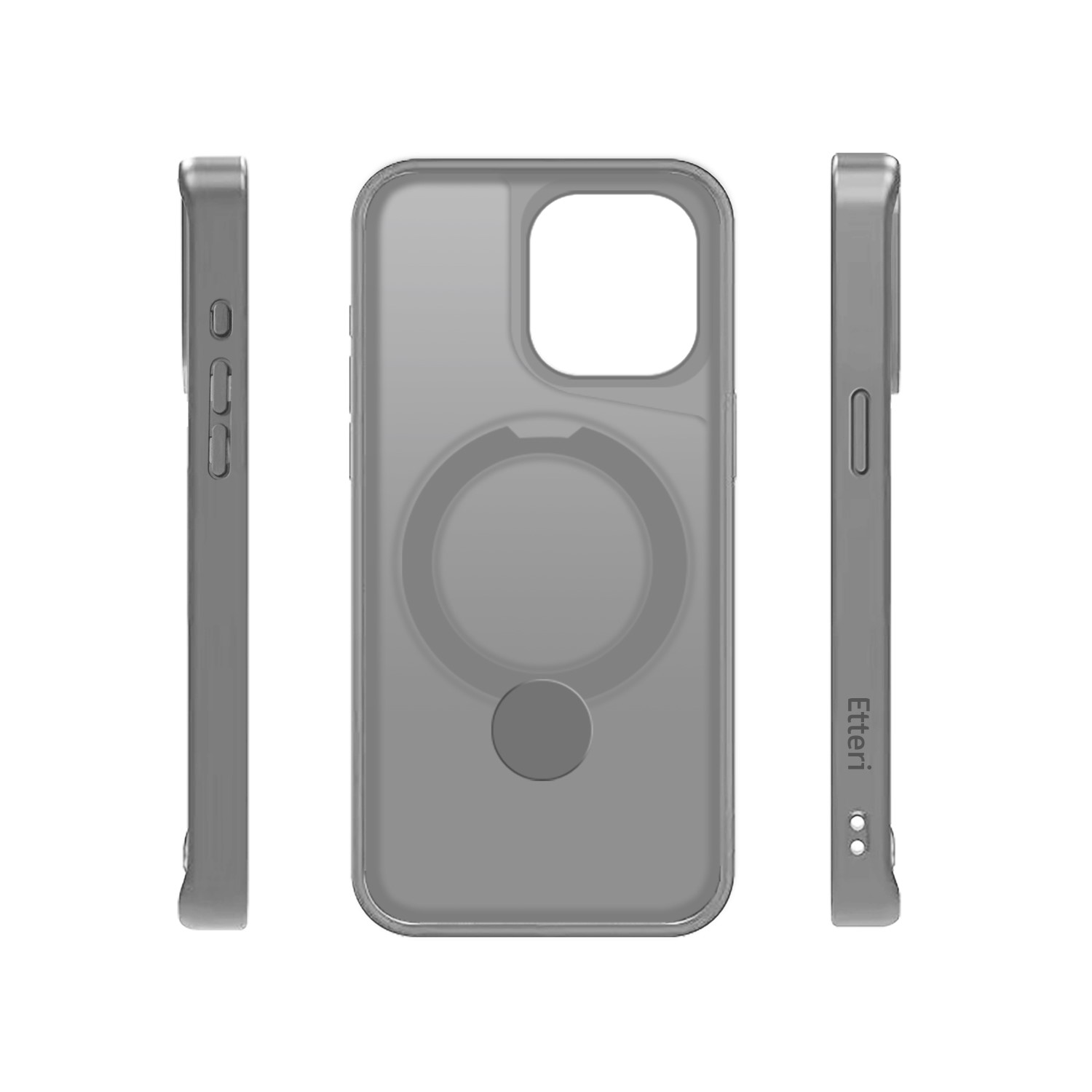 Trzy widoki szarego etui na telefon, pokazujące boki i wnętrze.