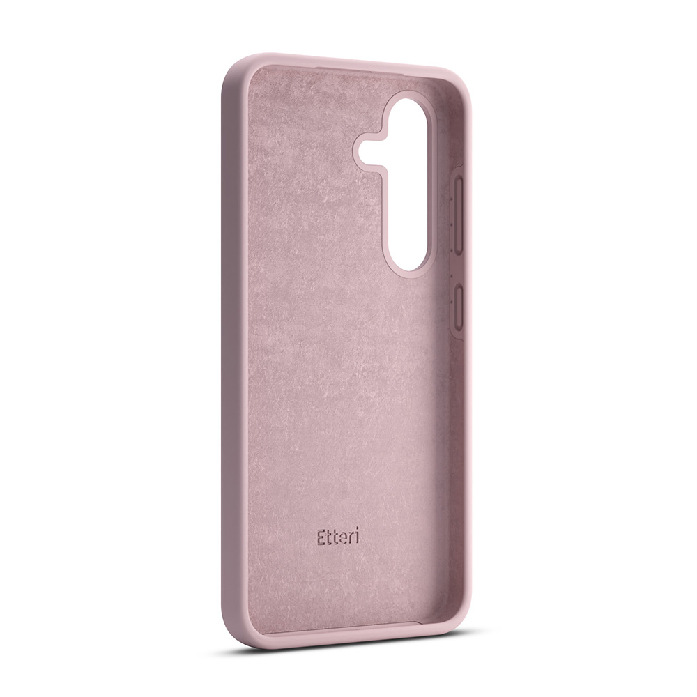 Custodia rosa per telefono, interno vuoto, con foro per la fotocamera.