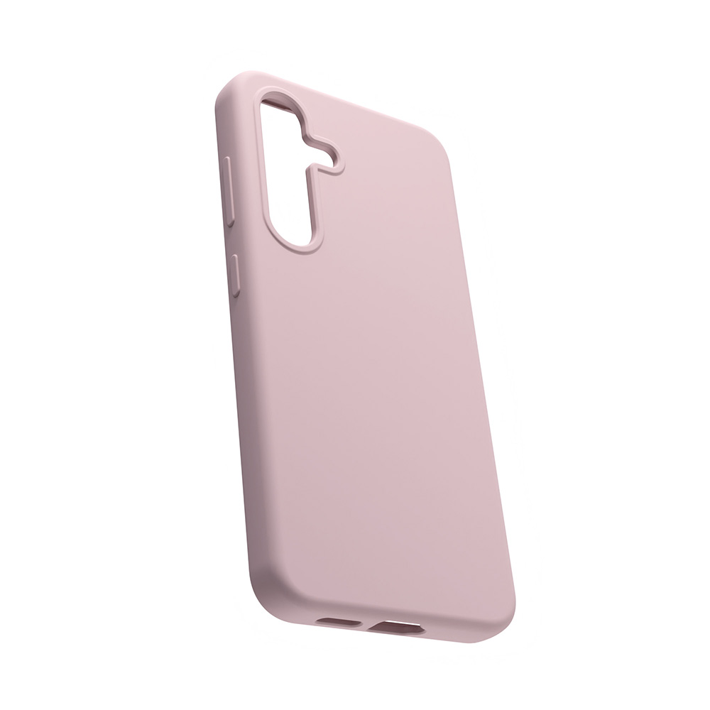 Custodia per telefono rosa su sfondo bianco. La custodia è angolata mostrando lato e retro.