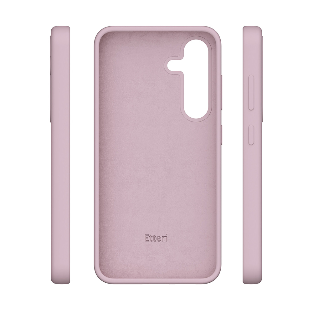 Custodia rosa per telefono. Tre viste: anteriore, laterale e posteriore. Logo Etteri visibile.