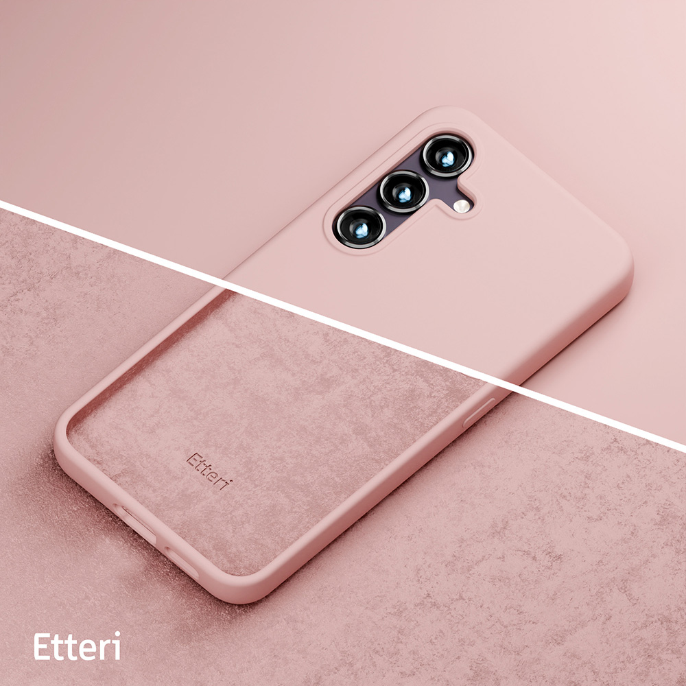 Una custodia per telefono rosa con tre fori per la fotocamera. Il marchio Etteri è visibile in basso a sinistra.